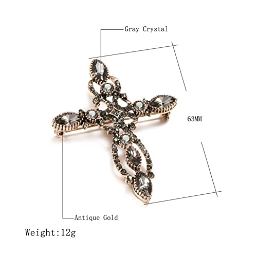Broche croix baroque en cristal gris, bijou d'exception style ancien - 3