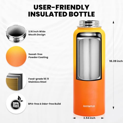 Image of RAYMYLO Insulated Water Bottle 40 oz, Triple Wall Vacuum Stainless Steel (Cold for 36Hrs, Hot for 18Hrs), Leak Proof & Non-BPA, Modern Water Flask Jug with Paracord Handle & Straw Spout Lids