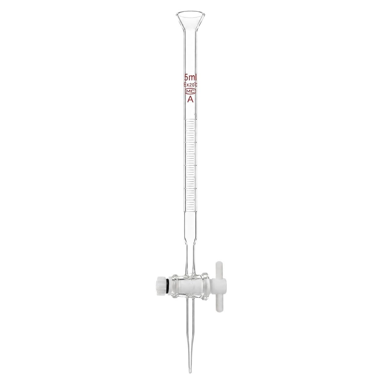 Borosilikat-Glasbürette mit Trichter-Rand und PTFE-Küken-5mL/0.01 | Selbstschmierendes PTFE-Küken Bietet Fettfreie Auslaufsichere Steuerung