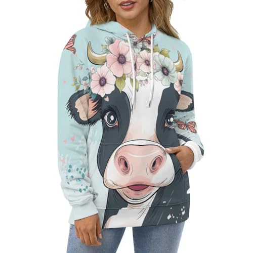 Sweat à capuche vache papillon fleur sweatshirt hoodie manches longues pullover S - 2