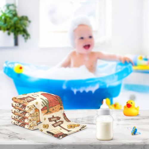 Image of Cowboy Sheriff Burp Cloths for Boys & Girls, 5 Pack Wild West Western Muslin Washcloths Newborn Face Bath Towel Soft Absorbent Cotton Wash Cloth Baby Registry, 12 x 12 Inch