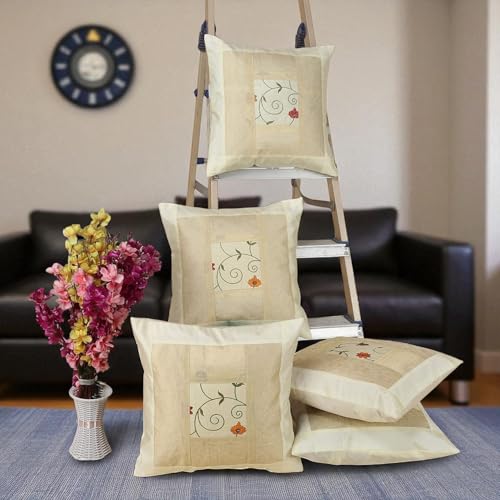 Image of Living Room Sofa Decor Flower Embroidered Silk Cushion Covers Scatter Cushion 16 X 16 Inches Set of 5 Pillowcase sham (Cream)