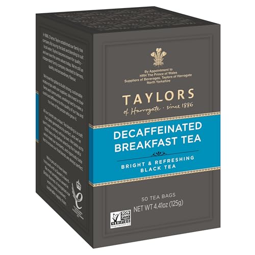 Image of Taylors of Harrogate Decaffeinated Breakfast,Black Tea,Pillow Bags,Rich,Bright & Balanced,Decaffeinated,Enjoy Hot or Iced,50 Teabags,50 Count (Pack of 2)