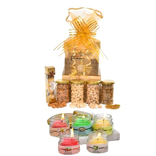 Image of NUTRI MIRACLE Festive Gourmet Nuts Chocolate Dry Fruits Gift | Diwali Candles Hamper For Guests Relatives
