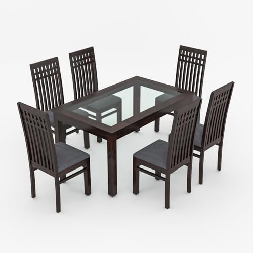 Image of Solid Sheesham Wood Dining Table Set of 6 | Wooden 6 Seater Dining Table with 6 Chairs with Cushion | Wood Dining Table & Chairs for Home, Restaurant, Cafe, Dining Room | Walnut Finish