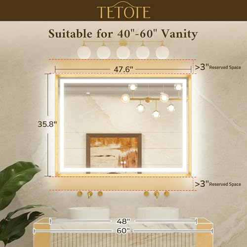 TETOTE 48 x 36 Bathroom LED Mirror Brushed Bright Nickel Metal Frame Frontlit & Backlit Vanity Mirror Stepless Dimmable Anti-Fog 3 Colors White/Warm/Natural Light up Vanity Mirror Wall-Mounted