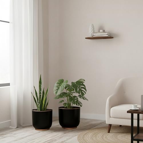 Image of Metal Planters Set of 2 Black (28 cm & 23 cm) with Drain Hole | Large Indoor Plant Pots for Living Room Balcony Office | Modern Decorative Metal Planters for Home Decor