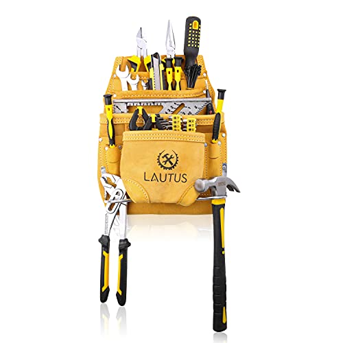 Image of LAUTUS Nubuck Top Grain Leather Tool Pouch Bag | Carpenter, Construction, Framers, Handyman | 10 Pockets, 2 Hammer Holders | 100% Leather |