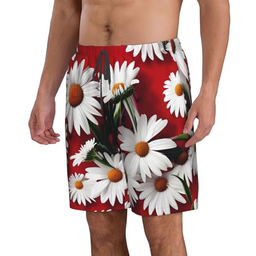 Men's Beach Shorts Swim TrunksFun Patterns Red Flower and White Daisy Print for Surfing Running Summer Vacation2