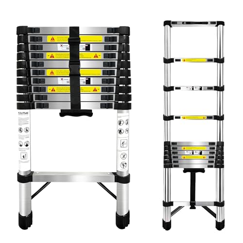 Escalera Telescópica de 3.2m,Escalera Plegable Acero Inoxidable,Escalera con Cierre de Seguridad con Patas Antideslizantes,Escalera Extensible,para Mantenimiento,Camping,Capacidad MáXima 150 Kg