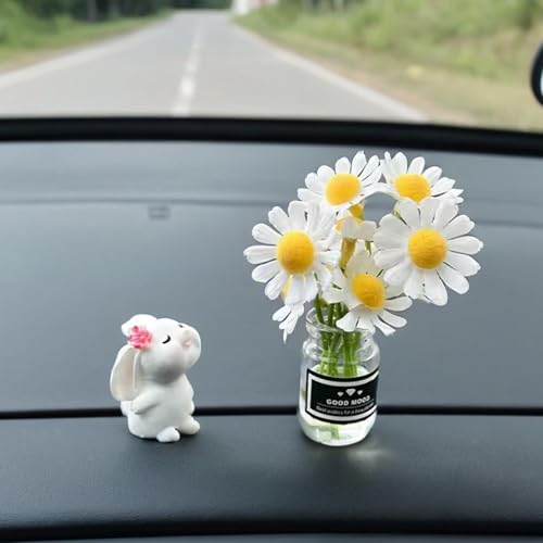 2Pcs Car Dashboard Decoration Items,Car Accessories Car Decor Accessories Car Accessories for Dashboard Suitable for Men and Women Interior Decoration（Small Vase and Smelling Rabbit)