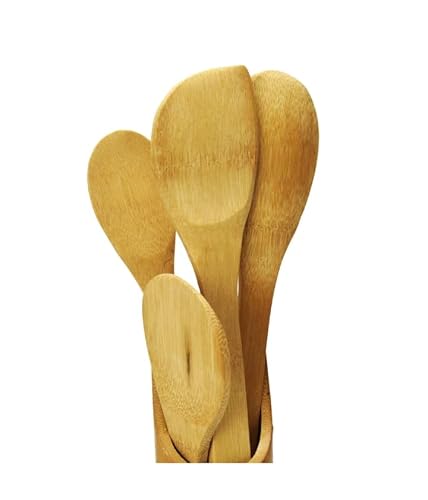 Jogo 4 Peças Utensilios Colheres Bambu Orgânico + Suporte para Cozinha