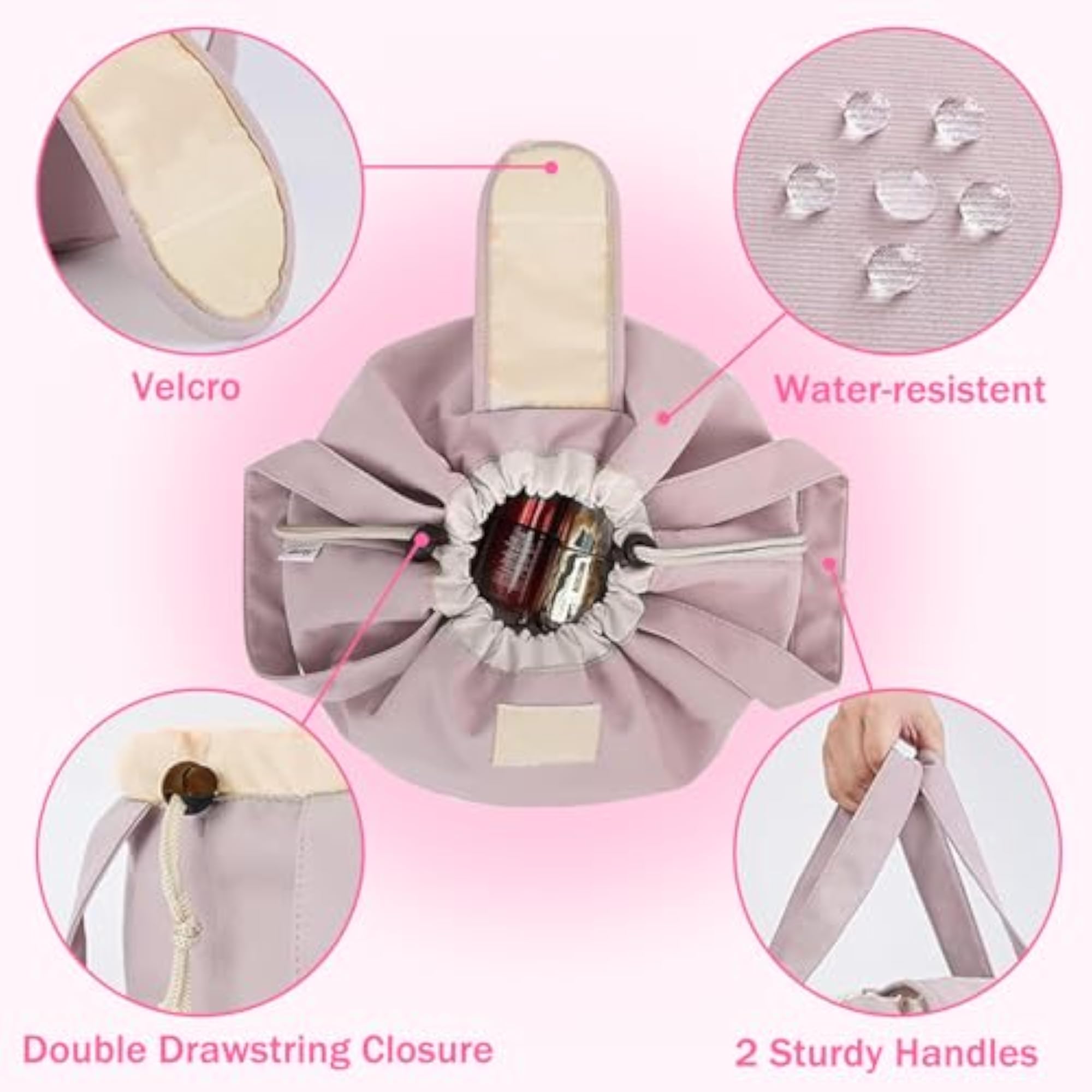 Pink Drawstring Makeup Bag, Travel Toiletry Organizer