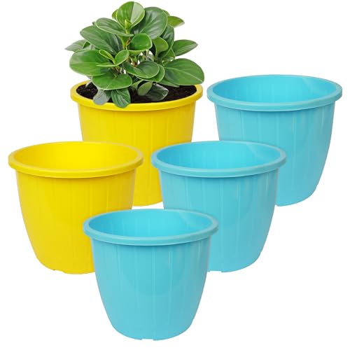 Image of Kuber Industries Flower Pot | Flower Pots for Indoor & Outdoor | Plastic Pot for Gardening | Planter for Flower | Balcony Pots for Home Decor | Duro Flower Pot | 10 Inch | Pack of 5 | Multi
