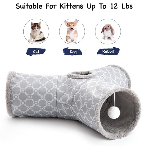 Image of Tempcore Cat Tunnel for Indoor Cats Fleece-Lined in for Warmth, 3 Way Collapsible Pet Play Tunnel with Teaser Wand, Peek Holes & Hanging Ball, Interactive Tube for Kittens & Rabbits, Geometry Grey