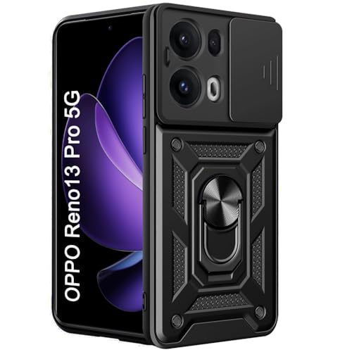 Image of TheGiftKart Tough Armor Bumper Back Cover Case for Oppo Reno 13 Pro 5G | Sliding Camera Cover, Kickstand & Ring Holder | 360 Degree Protection Back Cover for Oppo Reno13 Pro 5G (PC & TPU, Black)