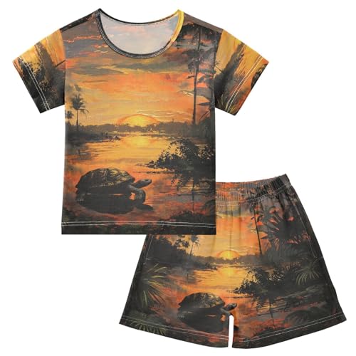 ALAZA Turtle at Sunset Pajama Set Short Sleeve Sleepwear Soft Lounge Nightwear