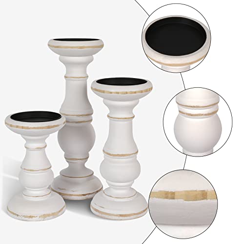 Wooden Candle Holders Pillar Candle Holder Set of 3 - Vintage Style White Candle Holder, Farmhouse Candle Holders for Pillar Candles, Rustic Candle Holder