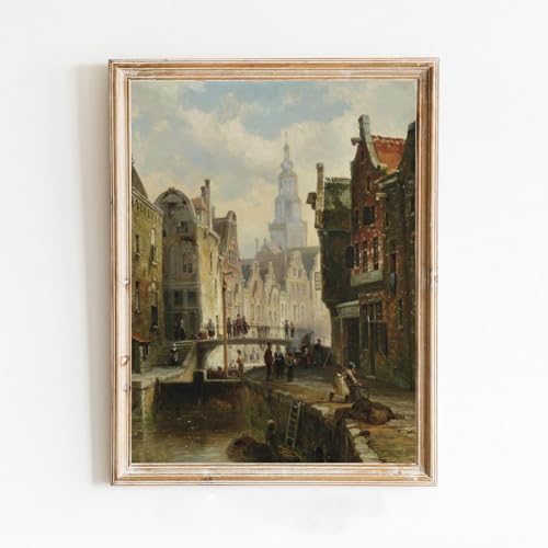 Oil Painting Vintage Poster of Riverscape Old Town Classic Architecture