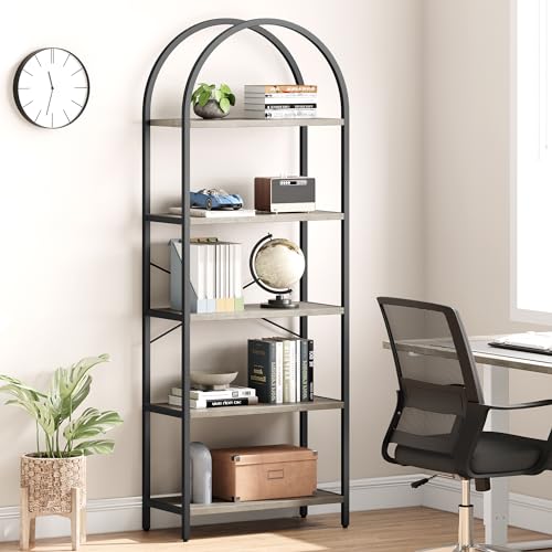 IDEALHOUSE Bookshelf 5 Tier Bookcase Arched Display Racks Tall Standing Bookshelves Metal Frame Modern Storage Rack Shelf Large Wood Book Shelf for Bedroom, Living Room, Home Office