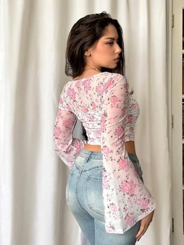 Image of Istyle Can Floral Print Slim‑Fit Crop Top with Square Neck & Bell Sleeves Casual for Women, 95 % Polyester /5 % Elastane Knit, Trendy Crop Tee for Jeans and Skirts