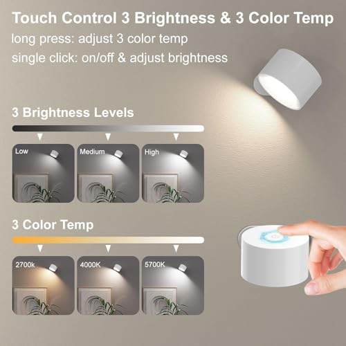 Image of Koopala 3PACK Rechargeable LED Wall Sconce, Cordless Battery with Remote, Powered Wall Sconce, 3 Brightness Levels, 360 Swivel Magnetic Shade for Bedrooms, Hallways, Den and Reading Spaces（White）