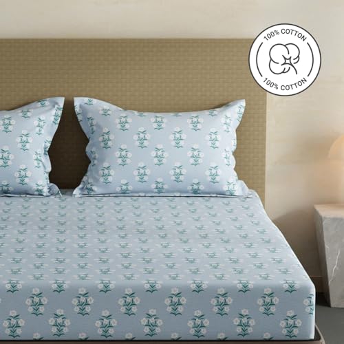 Image of Layers 100% Cotton Fitted Sheet for King Size Bed | Lumina Floret Collection | 144 TC Soft & Breathable | Floral Print with 2 Pillow Covers | Wrinkle Free & Colorfast | 3 Pc Bedding Set - Blue
