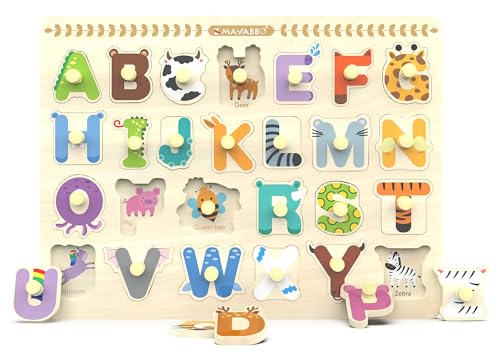 Wooden Peg Puzzle for Toddlers, Alphabet Learning Toys, Baby Puzz...
