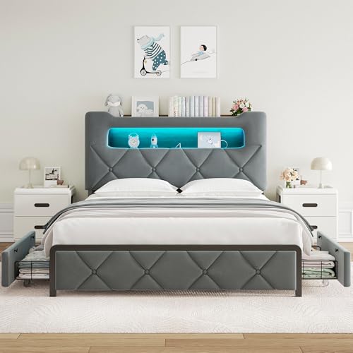 Image of Queen Upholstered LED Bed Frame with 2 Storage Drawers and 2-Tier Storage Headboard, Velvet Platform Bed with Charging Station & Bookcase, Heavy Duty Metal Support, No Box Spring Needed, Grey