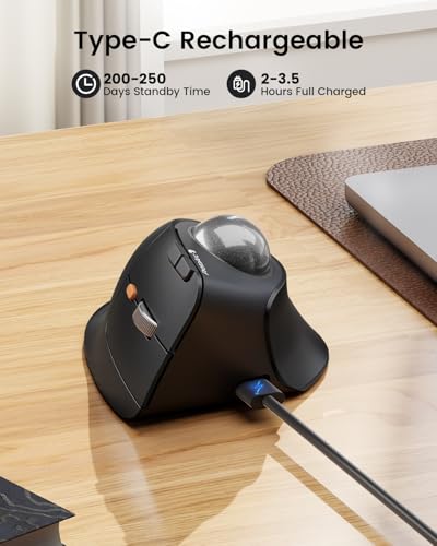 Image of ProtoArc Vertical Wireless Trackball Mouse, EM05 NL Bluetooth Ergonomic Rollerball Mouse Rechargeable Computer Laptop Thumb Mouse, 3 Device Connection