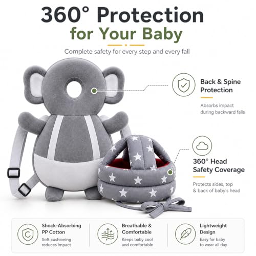 Image of GLUN Baby Back Protector with Head Protective Hat Combo Set, Cute Elephant Shape Soft Cushioning, Adjustable Shoulder Belt, Head Protection Gear for 6-18 Month Toddler Kids