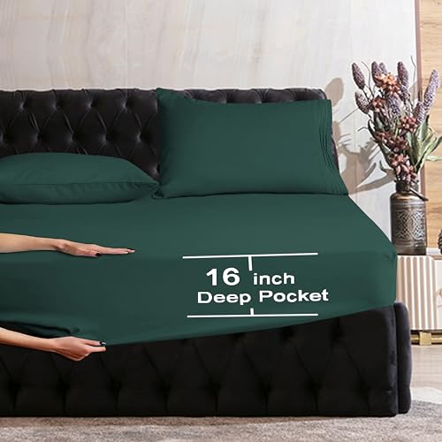 Image of Mocassi King Sheet Set - Luxury Hotel 1800 Premier Bedding Sheets & Pillowcases - Ultra Soft Breathable & Cooling Bed Sheets - Deep Pocket - Wrinkle Resistant - 6 Piece Set - King, Hunter Green
