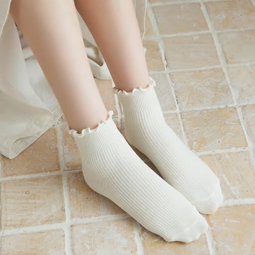 Womens Ruffle Socks, 6 Pairs White Lettuce Edge Turn-Cuff Cotton Frilly Ankle Crew Boot Socks4
