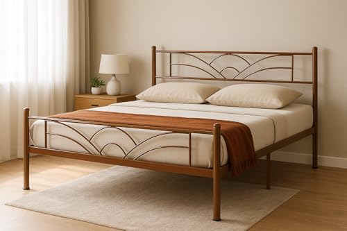 Image of Zyra Metal Queen Size Bed Without Storage | Wrought Iron Double Bed with Headboard & Footboard | Sturdy Powder Coated Platform Bed Queen Size Cot for BedroomLivingRoom Brown (75x60)