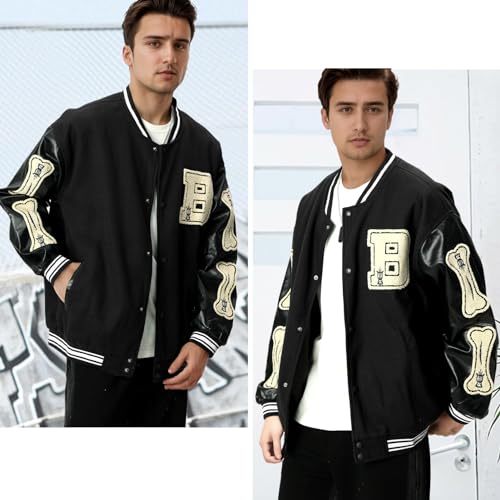 Image of Mens Varsity Jacket Baseball Bomber Jacket Vintage Unisex Streetwear Coats with Patchwork Hipster Utility Tops