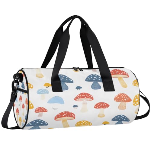 Cartoon Mushrooms Round Barrel Sports Fitness Bag, Travel Luggage Bag, Reusable Handbag, Suitable For Men and Women
