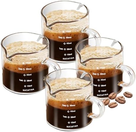 Espresso Cups 4-Piece set, 4 OZ Double Spout Cup with Handle, Espresso Shot Glass with V-Shaped Spout for Espresso Machine, Milk Cup (Espresso Cup Graduated)
