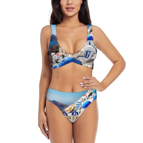 Maillot de bain 2 pièces Santorini fini les bikinis ternes motif grec vue mer