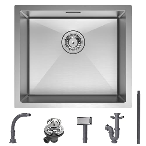 CECIPA Fregadero Inoxidable, Fregadero Cocina 1 Seno 50x45cm, incl. Rebosadero y Desagüe rápido, Fregadero de Cocina Duradero y con Estilo para a Partir de 50 Mueble Bajo, Cepillado