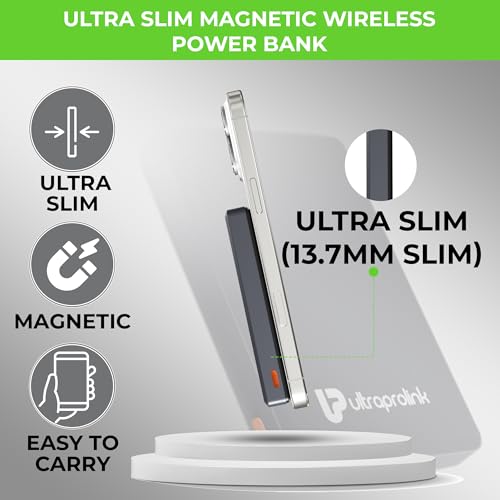 Image of UltraProlink 10000 mAh Slimmest Wireless Magnetic Mag-Safe Power Bank | 22.5W Type C Port with PD-PPS Support | Charging for iPhone Series 16,15,14,13 | Made in India | Grey | Juice-Up Mag 4