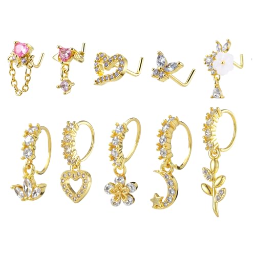 10 Pcs Dangle Nose Rings Hoop For Women 20g Gold Dangling Nose Ring and L Shaped Noses Stud With Charm Indian Piercing Jewelry