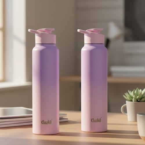 Image of Clazkit Dual Colored Stainless Steel Water Bottle |ISI Certified Leakproof, Durable for School Kids, Fridge, Sports, Gym, Yoga & Office - Easy to Clean & Reusable-1000ml - Set of 2 -Pink