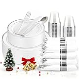WDF Partyware 175PCS Sliver Plastic Plates - Christmas Plates Disposable - White Plate with Silver Trim 25Guests Plastic Dinnerware Sets with Rolled Napkins for Wedding/Birthday/Christmas
