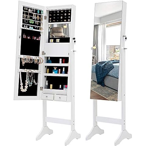 Bi Fang Jewelry cabinet with full-length mirror, wall-mounted/door-mounted and freestanding jewelry cabinet, lockable storage cabinet, adjustable angle (White) Cover