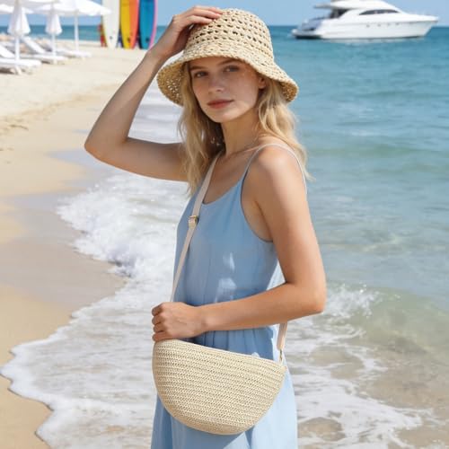 Image of RNIEGA Straw Crossbody Bag for Women Woven Crescent Beach Bags Summer Shoulder Purses Handbag with Adjustable Strap