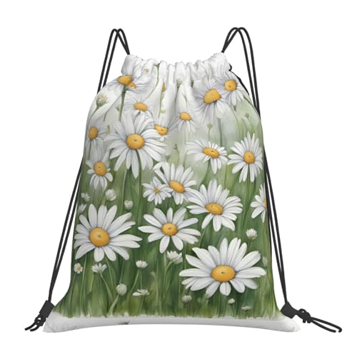 SHuWeiD Mochila con cordón con estampado de margaritas blancas, mochila casual con cordón, bolsa deportiva y fitness, color blanco, talla única, Blanco, talla única