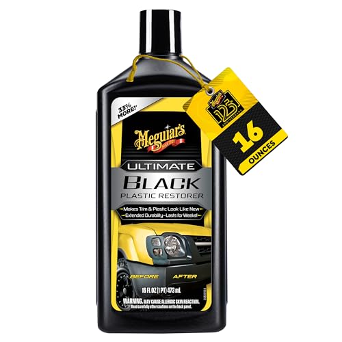 Meguiar's Ultimate Black Plastic Restorer – Long-Lasting Car Trim Restorer for Exterior Plastic, Vinyl & Rubber – Premium Plastic Restorer for Cars with Faded Black Trim, Leaves a Dark Shine, 16 oz
