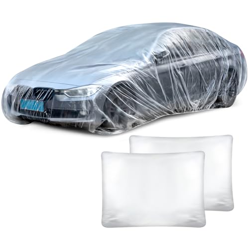 BBTO 1 Pack Universal Plastic Car Cover with Elastic Band Disposable Clear Car Covers Bulk 12.5 x 21.6 ft Waterproof Dustproof Full Exterior Protector for Sedan Outdoor Snow Rain Weather