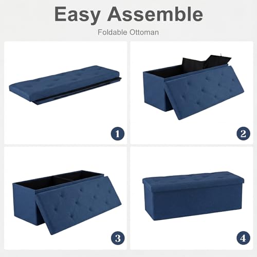 Image of DUMOS Foldable Storage Ottoman Bench 43in, Storage Chest, Large End of Bed Foot Rest Stool with Padded Seat, Bedroom Bench for Living Room, Support 660lbs, Blue