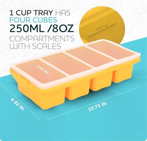 Image of Silicone Freezer Tray With Lid-Soup Freezer Container molds-Large Ice Cube Tray Set Makes 1-Cup & 1 /2-Cup portions cubes Perfect for preparing meals in different portion sizes Oven & Dishwasher -Safe